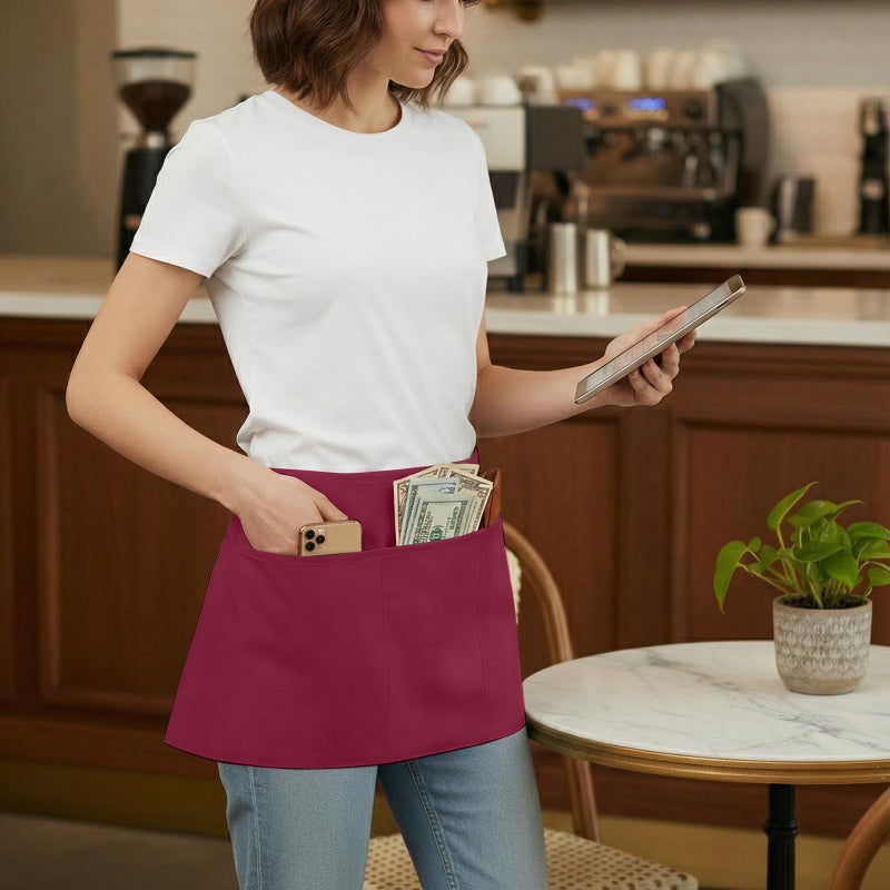 BOHARERS Waist Apron with 3 Pockets - Red Waitress Waiter Server Short Apron - Image 3